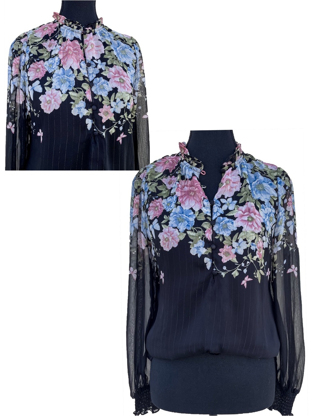 NEW Regency Style Black Pastel Floral Victorian Button Blouse Sz XS Haver Blair